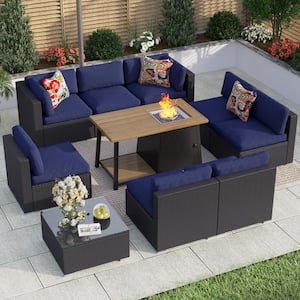 Dark Brown Rattan Wicker 8 Seat 10-Piece Steel Outdoor Fire Pit Patio Set with Blue Cushions, Rectangular Fire Pit Table