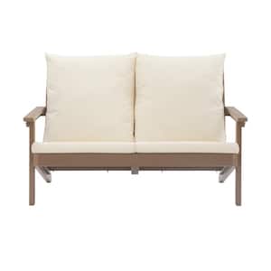 2-Seater HIPS Plastic Outdoor Loveseat Sectional Sofa Patio Couch with Beige Cushions and Pillow