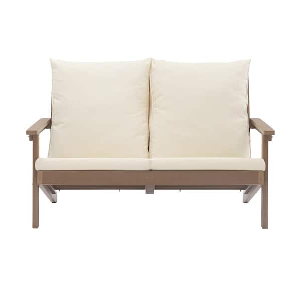 Mondawe 2-Seater HIPS Plastic Outdoor Loveseat Sectional Sofa Patio Couch with Beige Cushions and Pillow