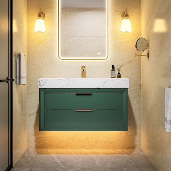 ExBrite Solidoak 36 in. W x 20.9 in. D x 21.3 in. H Single Sink Bath Vanity in Green with White Cultured Marble Top