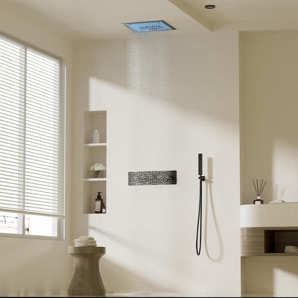 1-Spray 2.5 GPM 16 in. Ceiling Mount Dual Shower Heads Fixed and handheld Shower Heads with LED Light in Matte Black