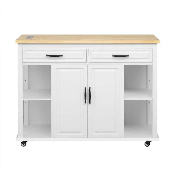 Tileon White Wood 47.2 in. W Kitchen Island with Extendable Dining Table, Internal Storage Rack, Power Outlet, 2 Drawers