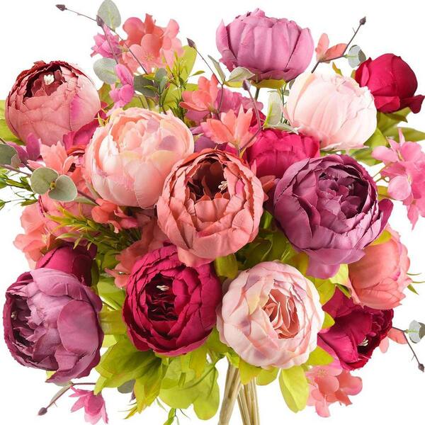 19.7 in. Red Indoor Artificial Peony Flower 2-Bouquets, Mixed Red