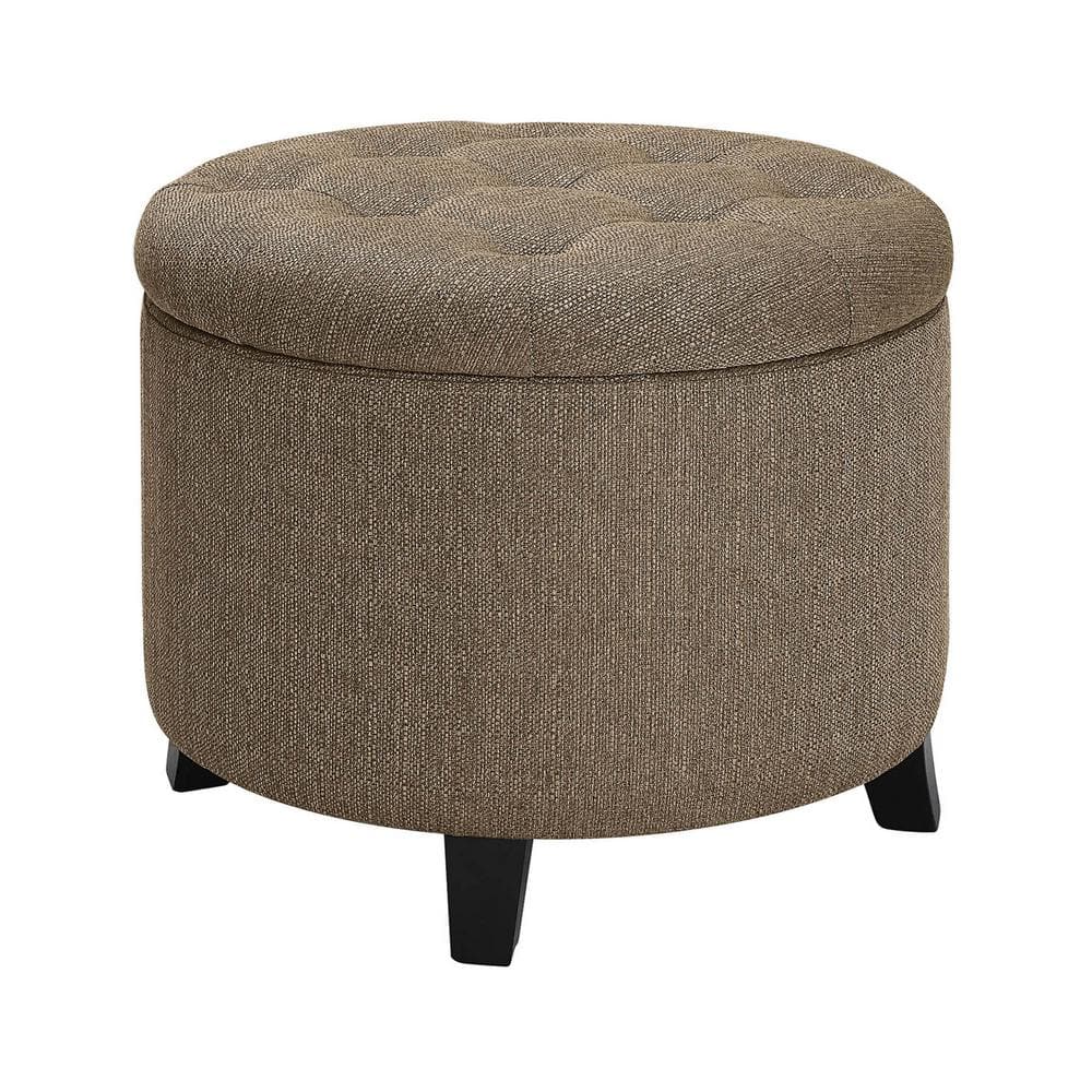 Sandstone Fabric Tufted Round Storage Ottoman with Solid Rubberwood Legs