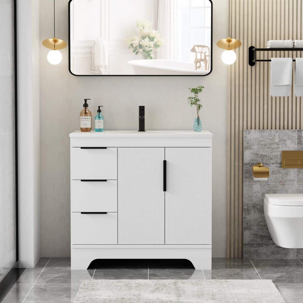 36 in. W. x 18 in. D x 33.5 in. H Single Sink Freestanding White Bath Vanity with White Integrated Composite Resin Top price history on PriceWatchPro