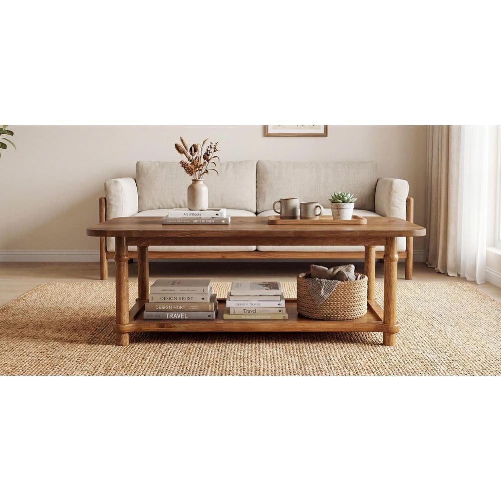 BYBLIGHT Kerlin 47 in. Brown Rectangle Solid Wood Coffee Table Low
