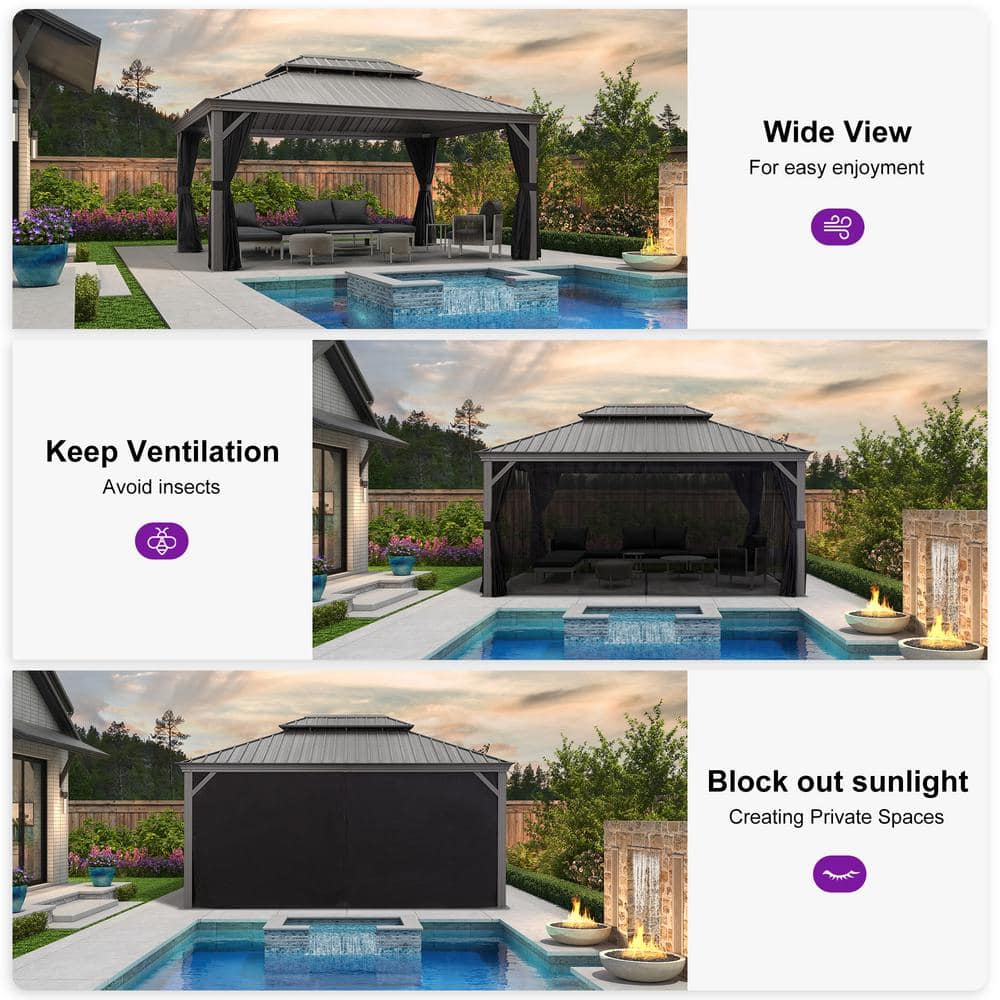 12' x 16' Black Aluminum Hardtop Patio Gazebo with Curtains