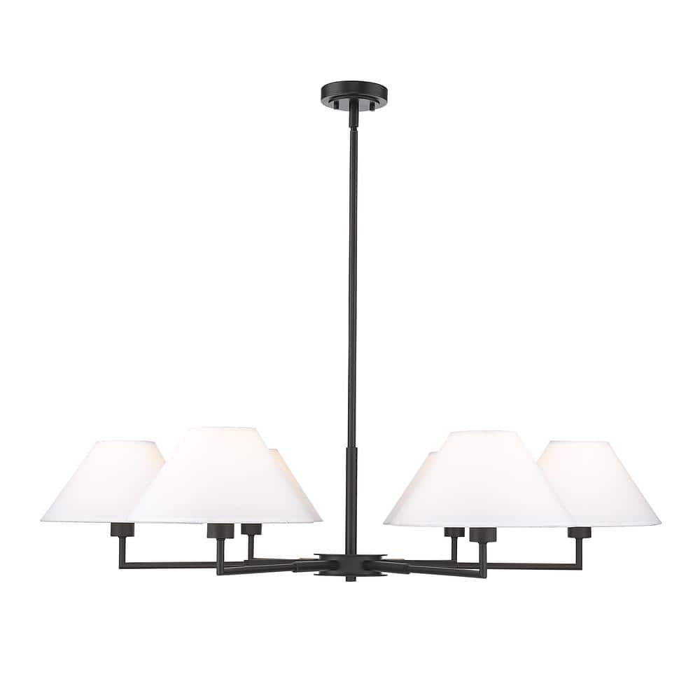 Leila 6-Light Matte Black Chandelier with White Linen Fabric Shades