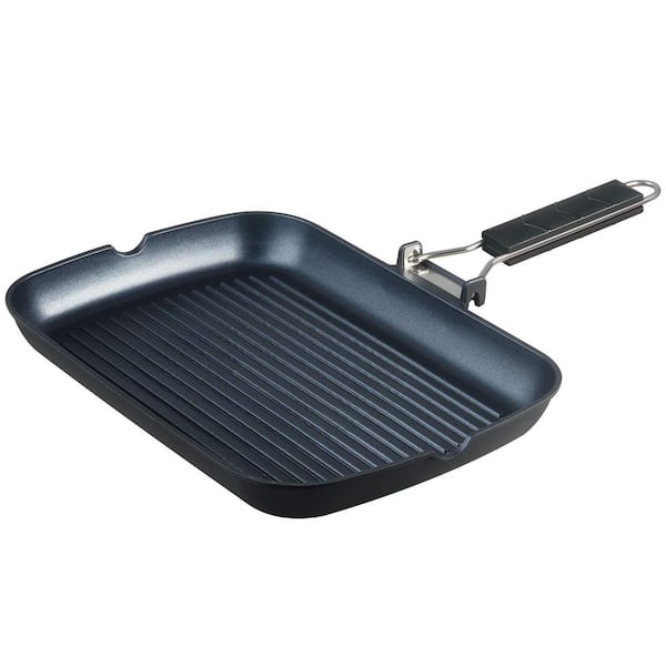 Hard-Anodized Aluminum Nonstick Grill Pan Single Piece with Folding Handle Even Heating for Stovetop Use