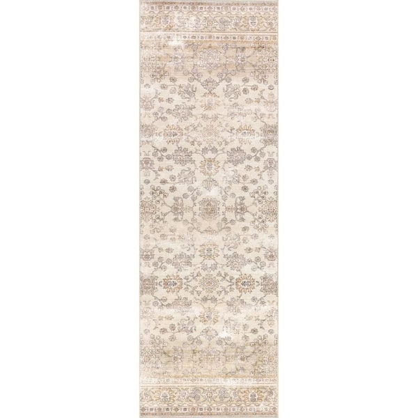 Meena Fading Garden Spill Proof Washable Beige 2.6 ft. x 12 ft. Indoor Area Rug