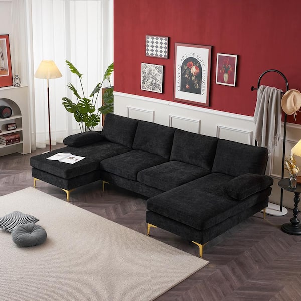 Golden Leg Collection 110 in. Pillow Top Arm 3-Piece Chenille Sectional Sofa in. Black