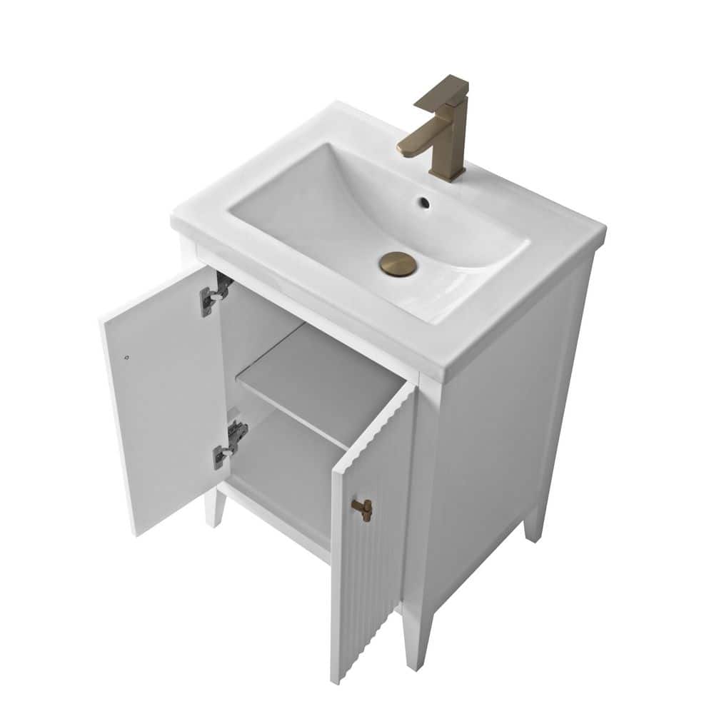 White and Gold Freestanding Single Bathroom Vanity with Ceramic Top