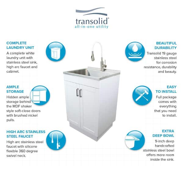 Transolid TCB-2420-WC 24-in Laundry Cabinet Sink Stainless Steel High Arc Faucet and Basket White