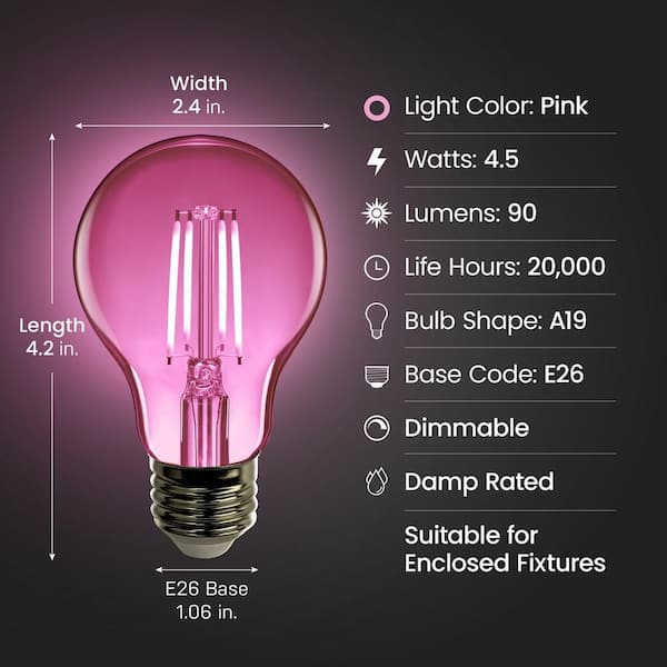 25-Watt Equivalent A19 Dimmable Filament Pink Colored Glass E26 Medium Base LED Light Bulb (6-Pack)