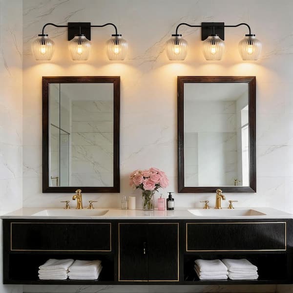 24 in. 3-Light Black Modern Dimmable Indoor Hardwired Bathroom Vanity Light with Clear Glass Shade