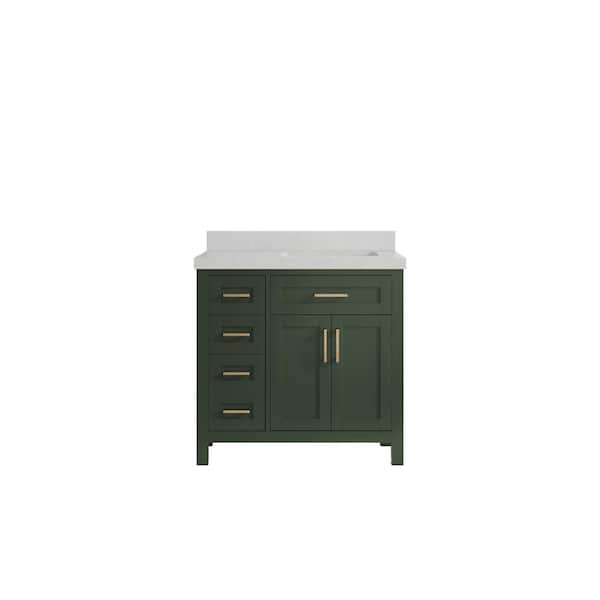 Willow Collections Cambridge 36 in. W x 22 in. D x 36 in. H Right Offset Sink Bath Vanity in Pewter Green with 2 in Carrara Quartz Top