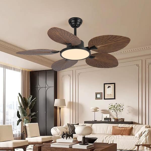 52 in. Brown Tropical Palm Leaf Downrod Mount Standard Ceiling Fan with Remote Control, 6 Wind Speeds
