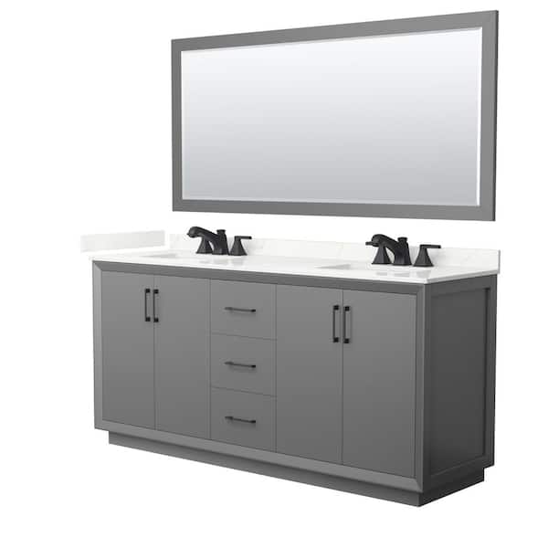 Wyndham Collection Strada 72 in. W x 22 in. D x 35 in. H Double Bath Vanity in Dark Gray with Giotto Quartz Top and 70 in. Mirror