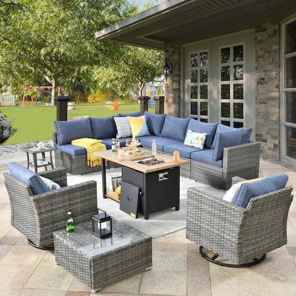 weaxty W Daffodil O Gray 11-Piece Wicker Patio Storage Fire Pit Conversation Set with Swivel Rocking Chair and Denim Blue Cushion