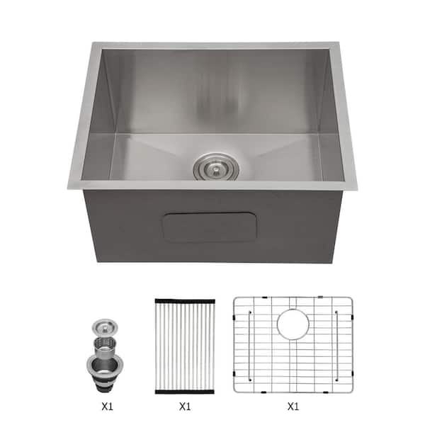 Sarlai 18 in. D x 21 in. W Undermount Laundry/Utility Sink Brushed Nickel Single Bowl Deep 16 Gauge Stainless Steel Bar Sink