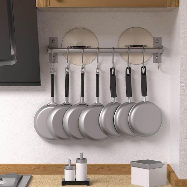 Silver Wall Mounted Pot Rack Kitchen Utensil Holder Rail with 8 Hooks Decorative Space Saving Pack of 2