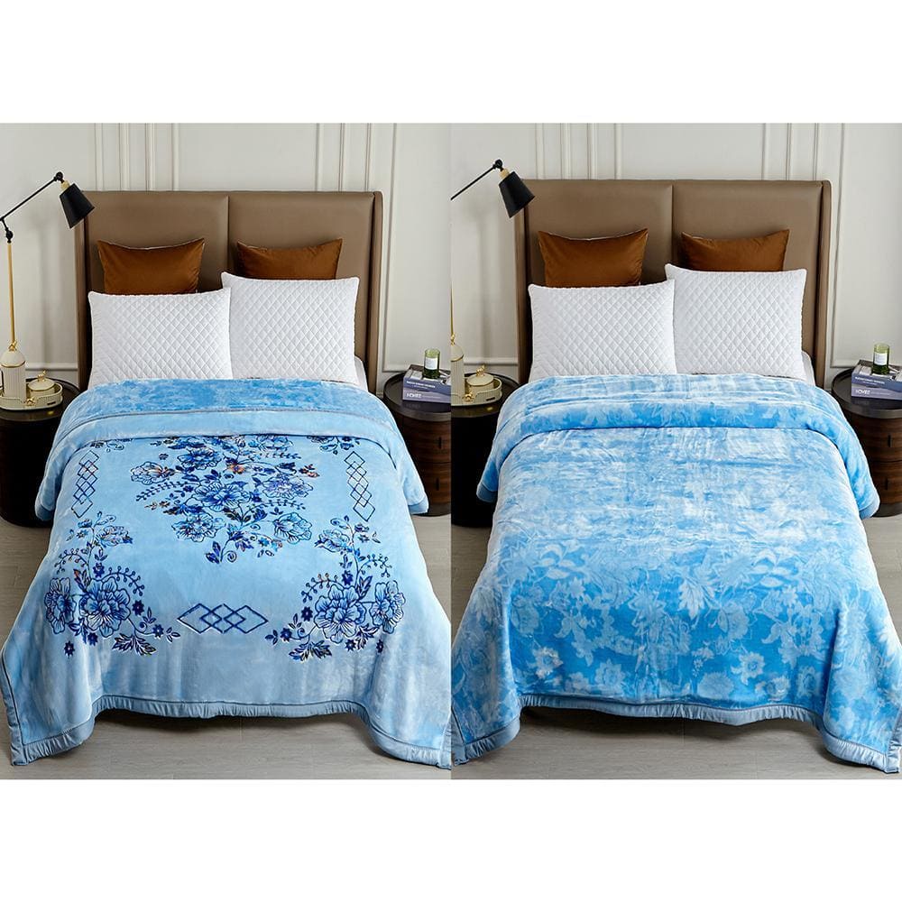 JML Blue Flower 2 Ply A, B Design Embossed Polyester Fleece 87 in