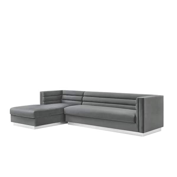 Inspired Home Annemarie 69in Width Square Arm Style Upholstered Velvet Tufted L Shaped Sofa in Dark Gray