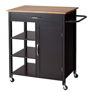 Brown Rolling Kitchen Cart with Adjustable Shelf and Rubber Wood Top
