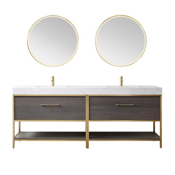 ROSWELL Palma 84 in. W x 22 in. D x 33.8 in. H Bath Vanity in Suleiman Oak with White Composite Grain Stone Top and Mirror