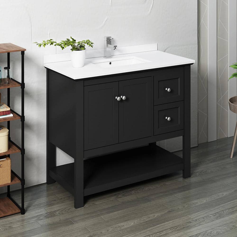 Elegant 42" Black Quartz Top Solid Wood Freestanding Vanity with Sink