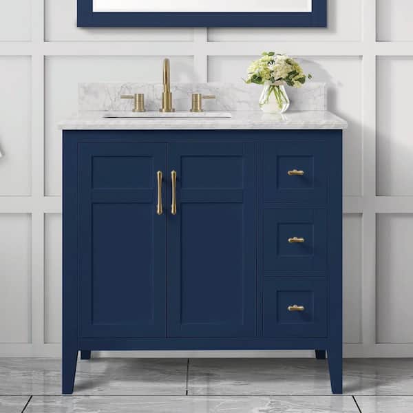 Sturgess 37 in. W x 22 in. D x 35 in. H Single Sink Freestanding Bath Vanity in Navy Blue with Carrara Marble Top