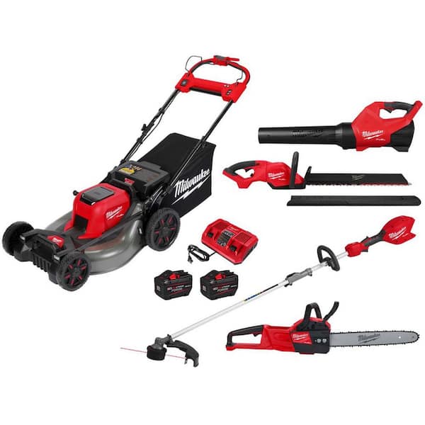 M18 FUEL Brushless 21 in. Self-Propelled Mower w/ String Trimmer, Blower, Hedger, Chainsaw, (2) 12Ah Batteries, Charger