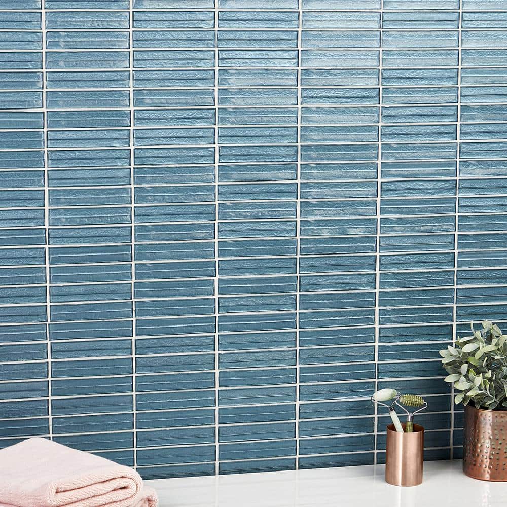 Steel Blue Polished Glass Mosaic Wall Tile
