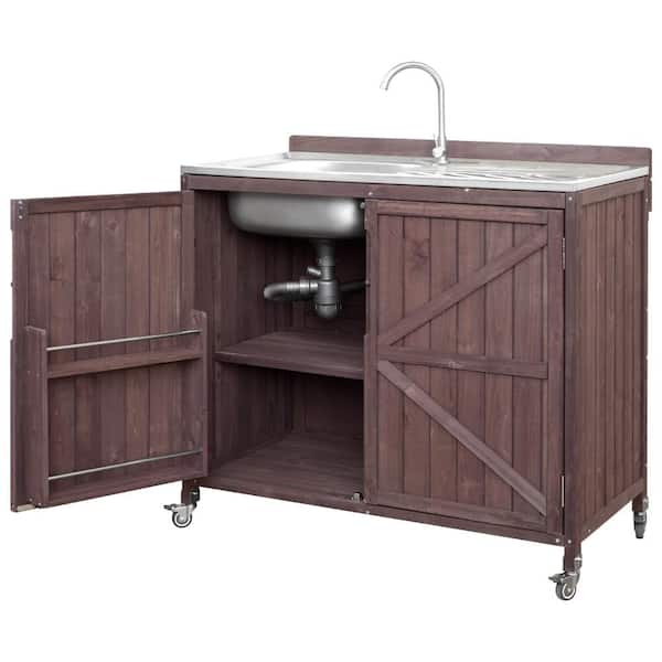 39.4" Outdoor Dark Brown Kitchen Island with Sink,Back Splash, Faucet and 4 Wheels for BBQ