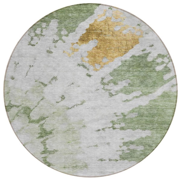 Artichoke Green, Olive Green 8 Round Woven Abstract Polyester Round Indoor / Outdoor Area Rug