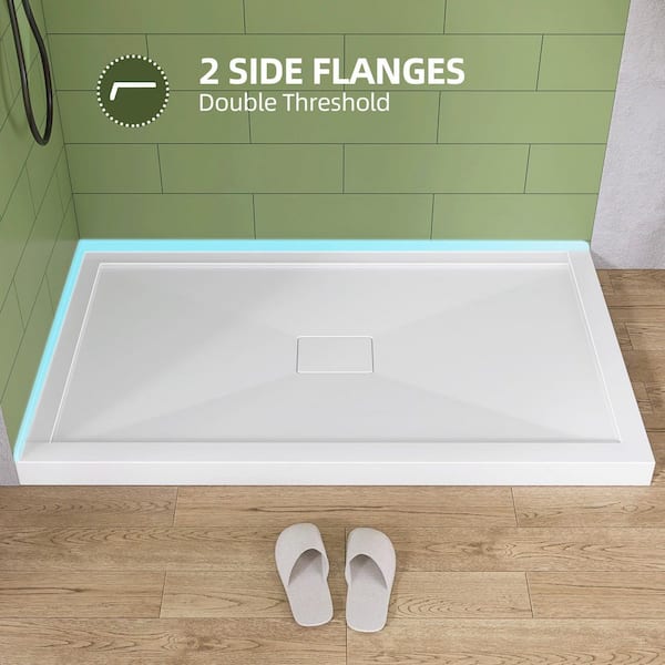 Moca 60 in. L x 36 in. W Corner Double Threshold Acrylic Shower Pan Base with Center Drain Cover Bathroom Tray in White