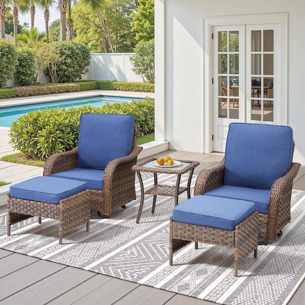 Rainf Rattan Brown 5-Piece Outdoor Patio Conversation Set with Blue Cushions, 2 Swivel Chairs, 2 Ottomans, 1 Side Table
