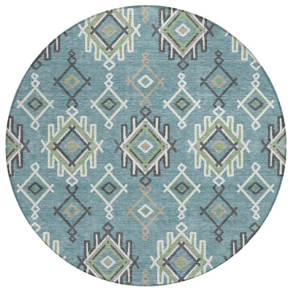 Chantille Machine Washable Indoor/Outdoor Abstract ACN3042 Teal 8 ft. x 8 ft. Round Rug