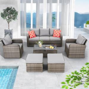 6-Piece Wicker Outdoor Sectional Sofa Patio Lawn Conversation Set with Gray Cushions and Storage Glass Coffee Table