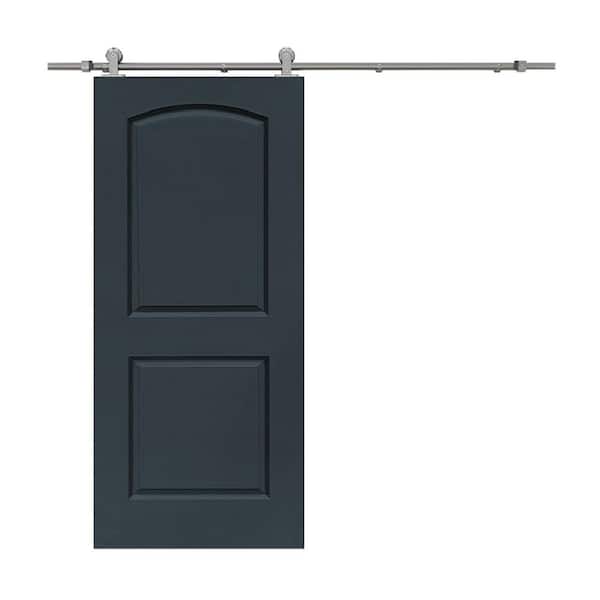 CALHOME 30 in. x 80 in. Charcoal Gray Stained Composite MDF 2-Panel Round Top Interior Sliding Barn Door with Hardware Kit