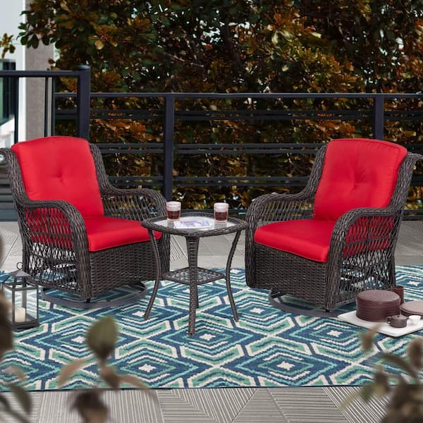 Unbranded Yellow 3-Piece Wicker Swivel Outdoor Rocking Chair with Premium, Soft Fabric, Red Cushions and Matching Side Table
