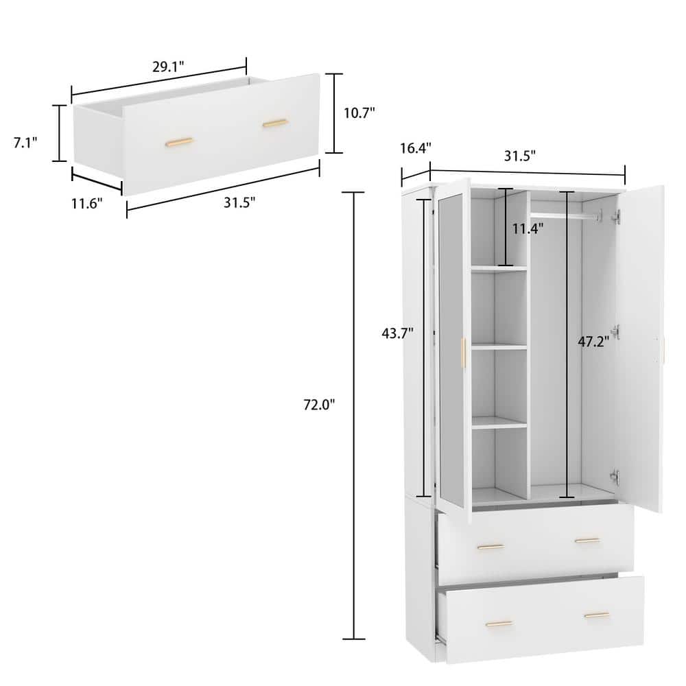 White Bedroom Armoire with 2-Drawers and 5-Shelves 31.5 in. L x 16.4 in. W x 72.0 in. H - thumbnail 7