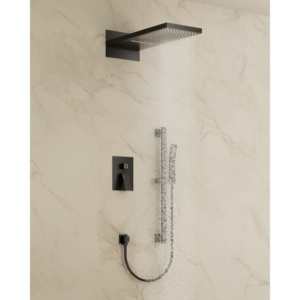 YAWWALK 3-Spray 22 in. Rectangle Wall Mount Rainfall and Waterfall Shower System in Matte Black(Valve Included)