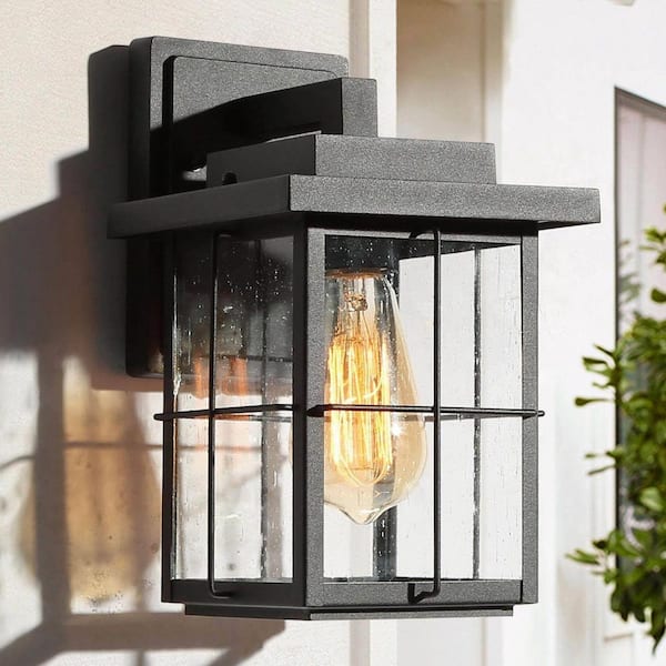 LNC Mill 11 in. Modern Black Outdoor Wall Lantern Sconce Farmhouse 1-Light Porch/Patio Seeded Glass Wall Lamp Exterior Light