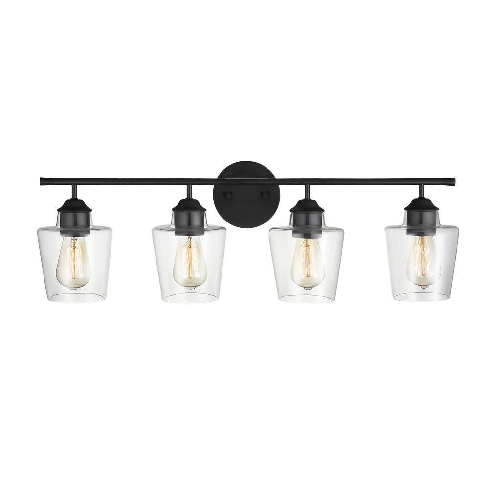 KAWOTI 30.25 in. 4-Light Matte Black Vanity Light with Clear Glass ...