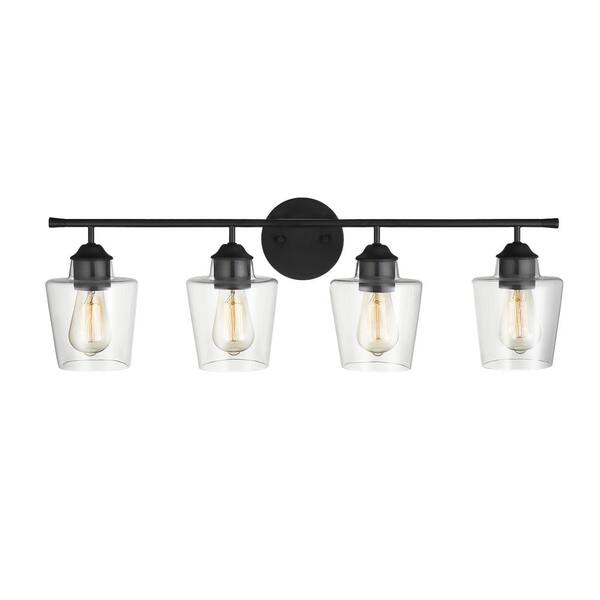 KAWOTI 30.25 in. 4-Light Matte Black Vanity Light with Clear Glass ...