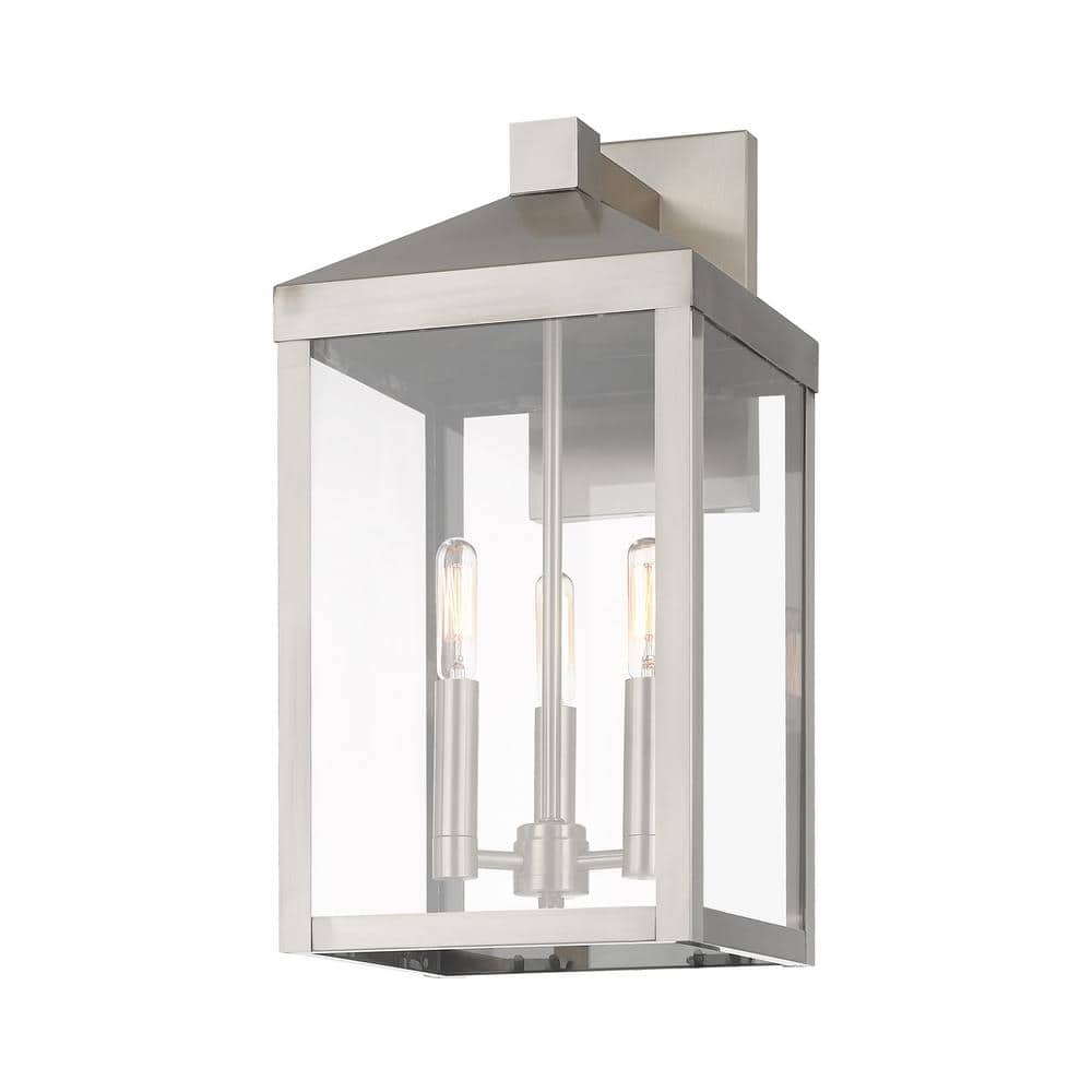 Brushed Nickel 3-Light Outdoor Wall Lantern with Clear Glass