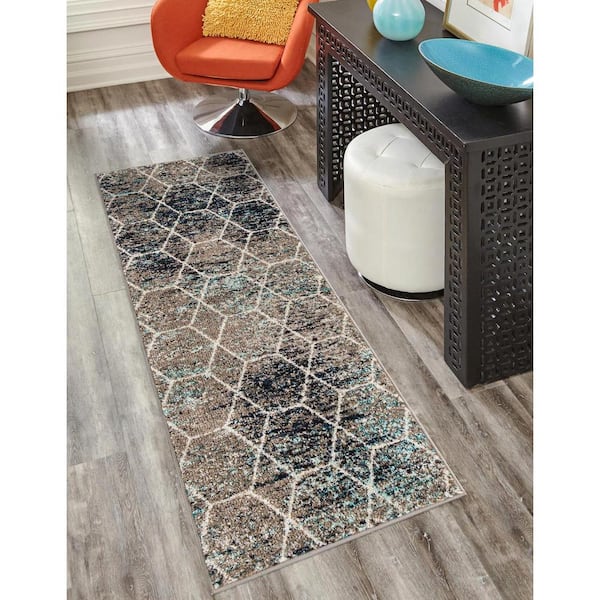 Trellis Frieze Collection Area Rug - Geometric (2 ft. x 13 ft. 1 in. Runner Blue Multi/Ivory)