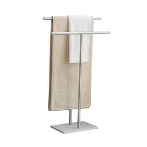 2-Tier Standing Towel Rack with 4 Towel Holders Marble Base for Bathroom Double-T Tall Towel Holder In Brushed Nickel