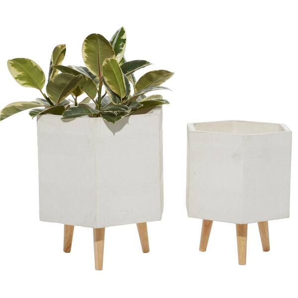Litton Lane 15 In And 17 In Planters With Stand And Pot For Indoor Plants Hexagon White Set Of 2 464 The Home Depot